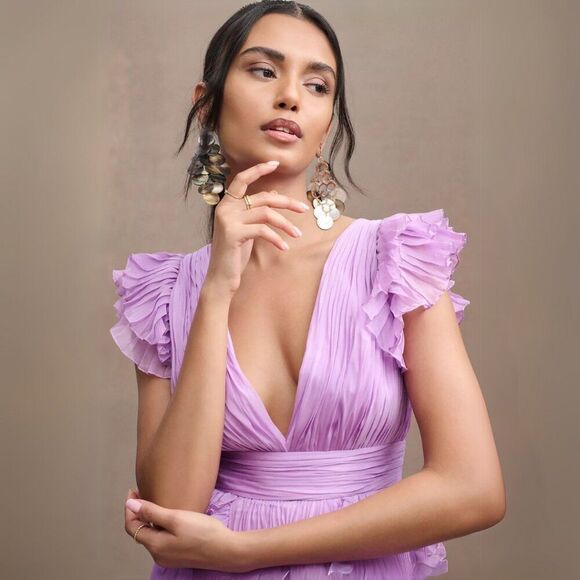 NWT Mac Duggal 49539 Size 6 Lilac Purple Pleated Ruffled V-Neck Maxi Gown Dress - Picture 2 of 4